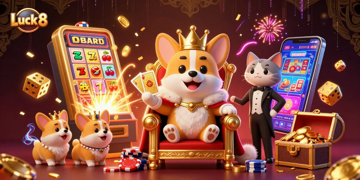 Experience Luck 8 with a royal corgi and golden cards in this vibrant casino scene.