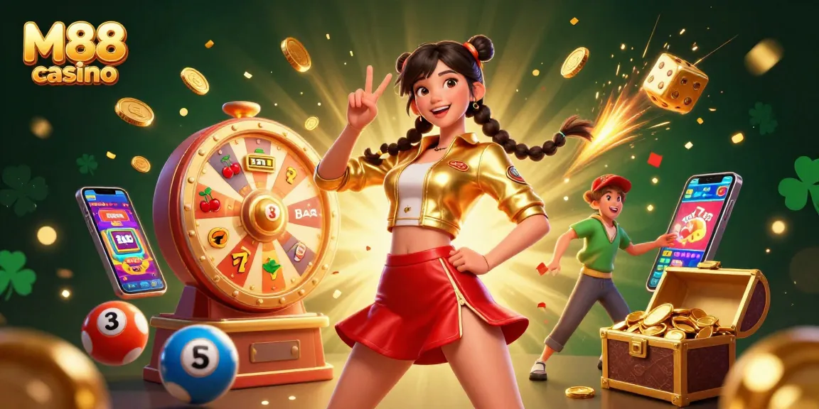 M88 casino vibrant illustration featuring joyful Asian woman with lottery elements and 3D slot machine.