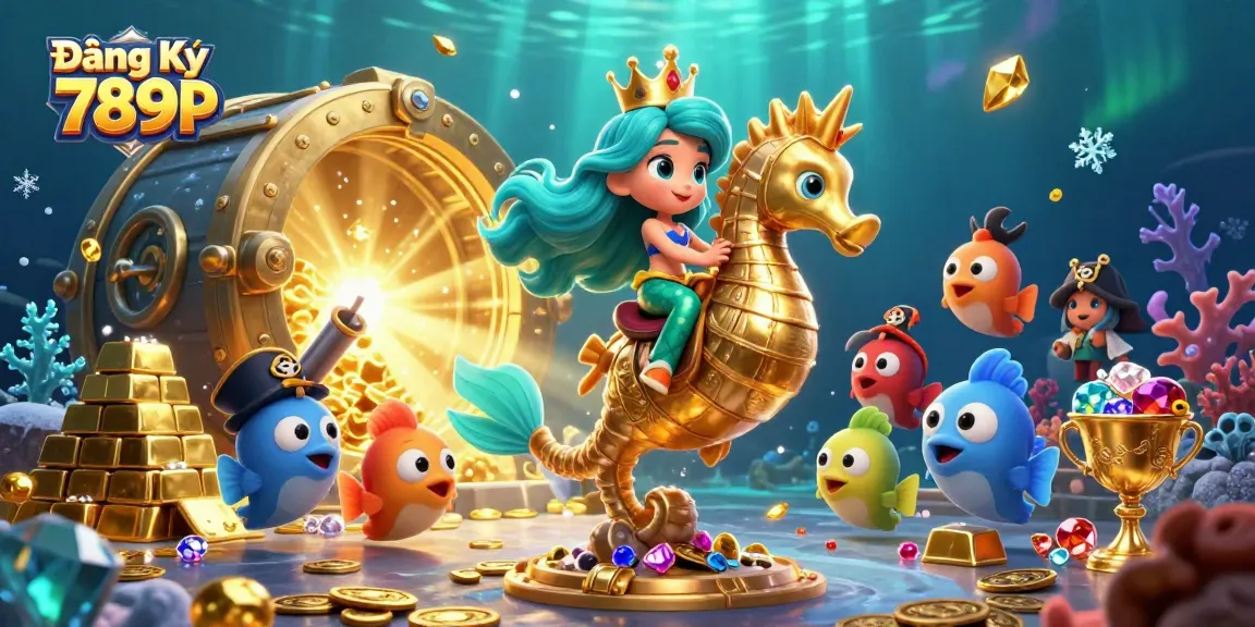 Engage in thrilling gameplay at Đăng Ký 789P with a mermaid princess riding a seahorse amidst treasures.