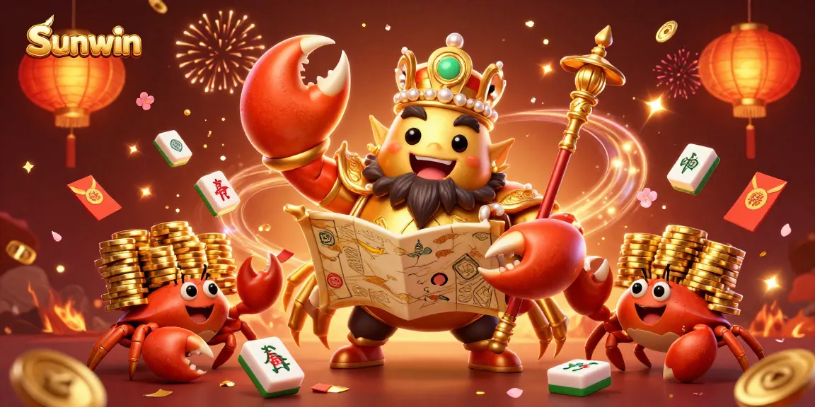 Experience thrilling gaming at Sunwin with a vibrant 3D illustration of a golden crab emperor amidst casino elements.