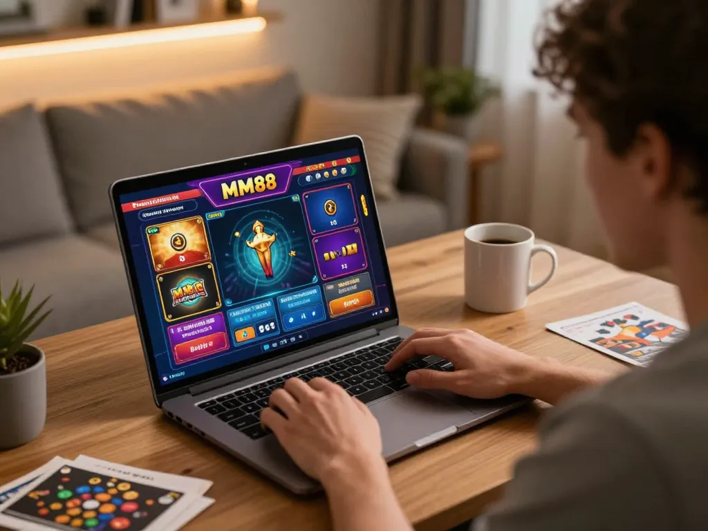 Experience MM88 gaming excitement at home with focused player engaged in online casino action.