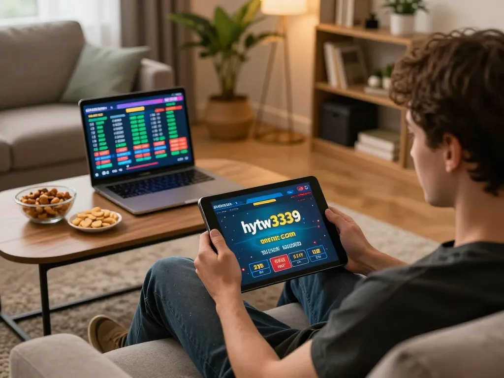Engaging in online gaming at hytw3339 com on a tablet, featuring a cozy home environment and snacks.