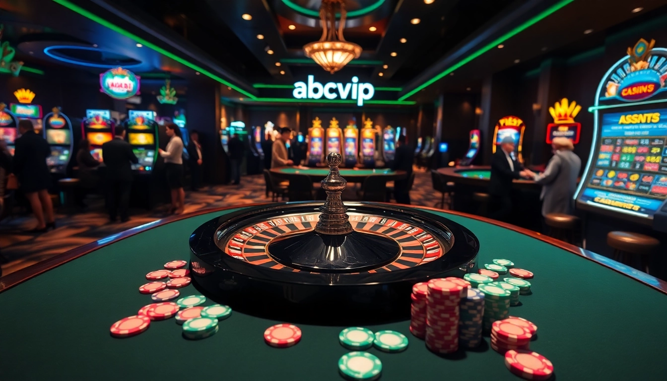 Experience the thrill of gambling with abcvip in a luxurious casino setting with games and vibrant visuals.