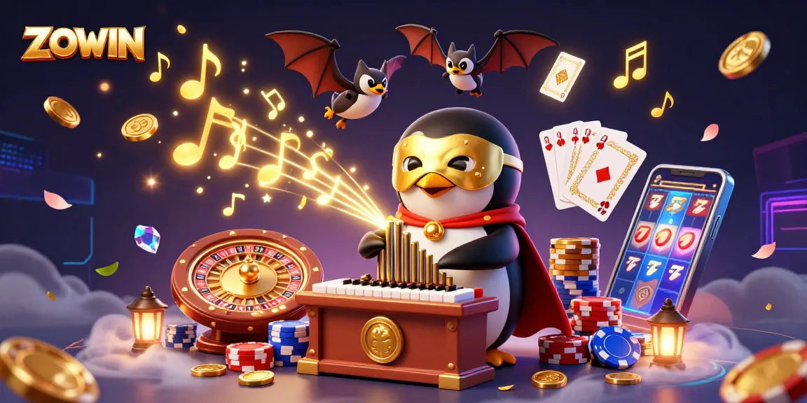 ZOWIN showcases a vibrant scene with a golden-coin-shooting organ and casino elements for immersive gaming.