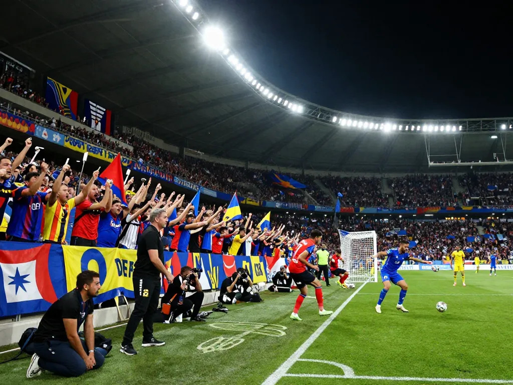 Exciting football match scene featuring fans cheering and players in action, highlighting the sport ฟุตบอล with vibrant energy.