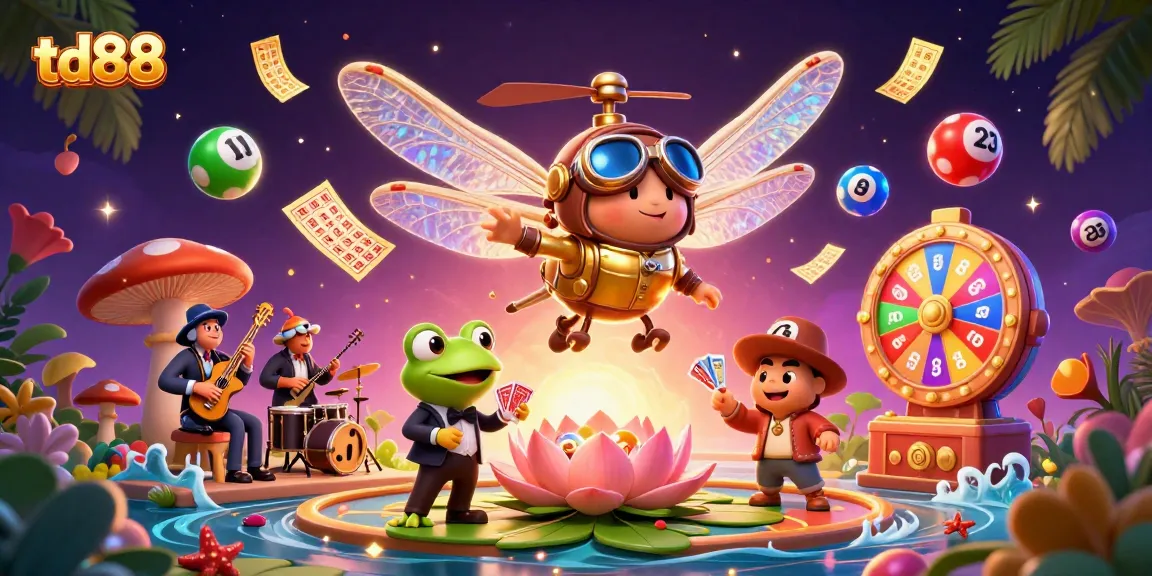 Engage in gaming excitement with td88 as a dragonfly pilot hovers above a vibrant lily pad casino.