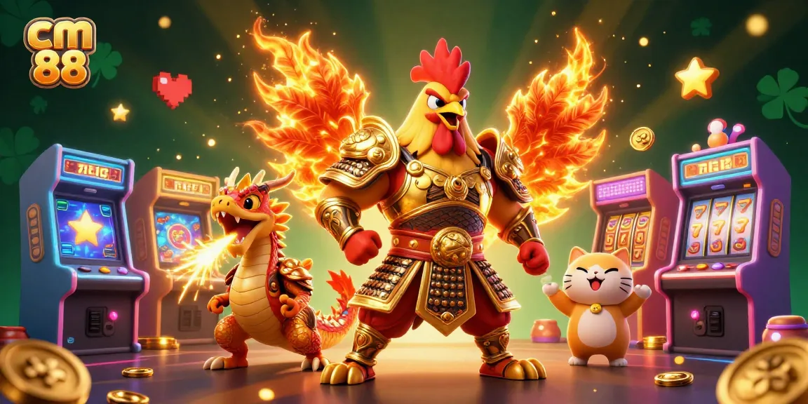 Experience thrilling casino action with cm 88's vibrant 3D fighting rooster and dragon, amidst dynamic game elements.