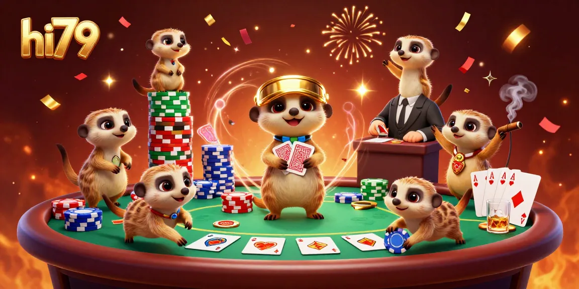 Experience hi79's dynamic casino scene with meerkats, poker action, and celebratory elements.
