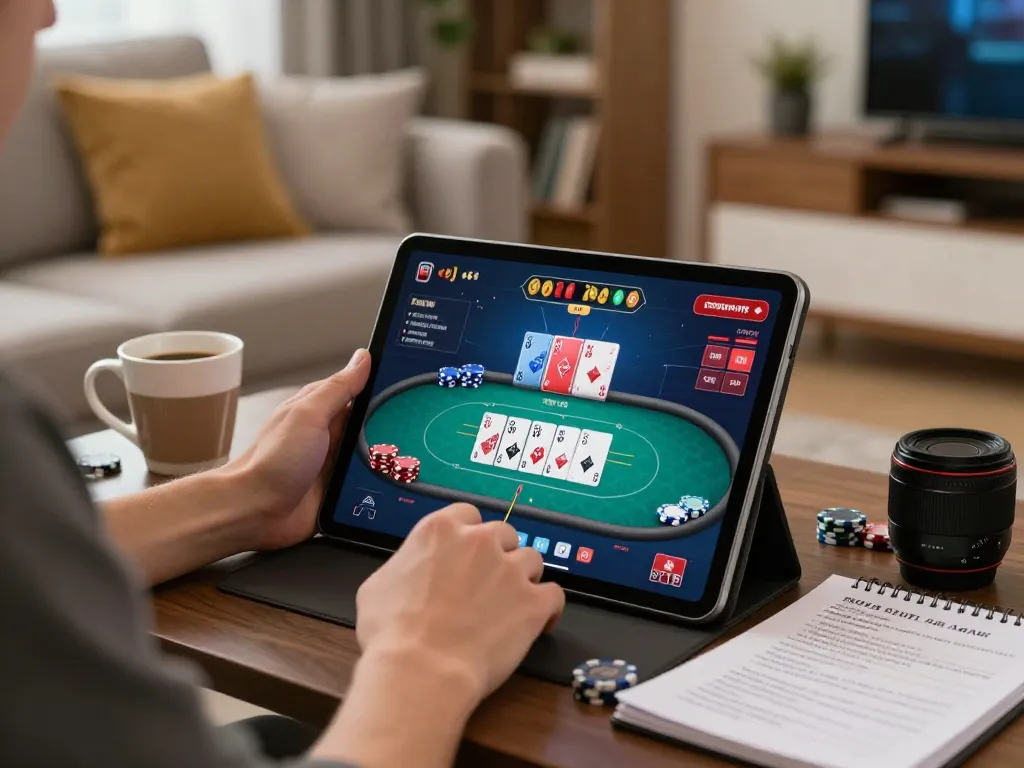 Player analyzing strategies at f8bet on a tablet during an online poker game, cozy home setting.