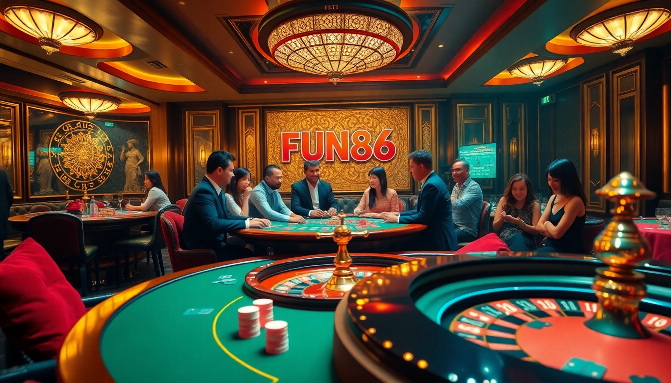 Engage in the excitement of FUN88 แท้ with luxurious casino tables and vibrant betting activities.