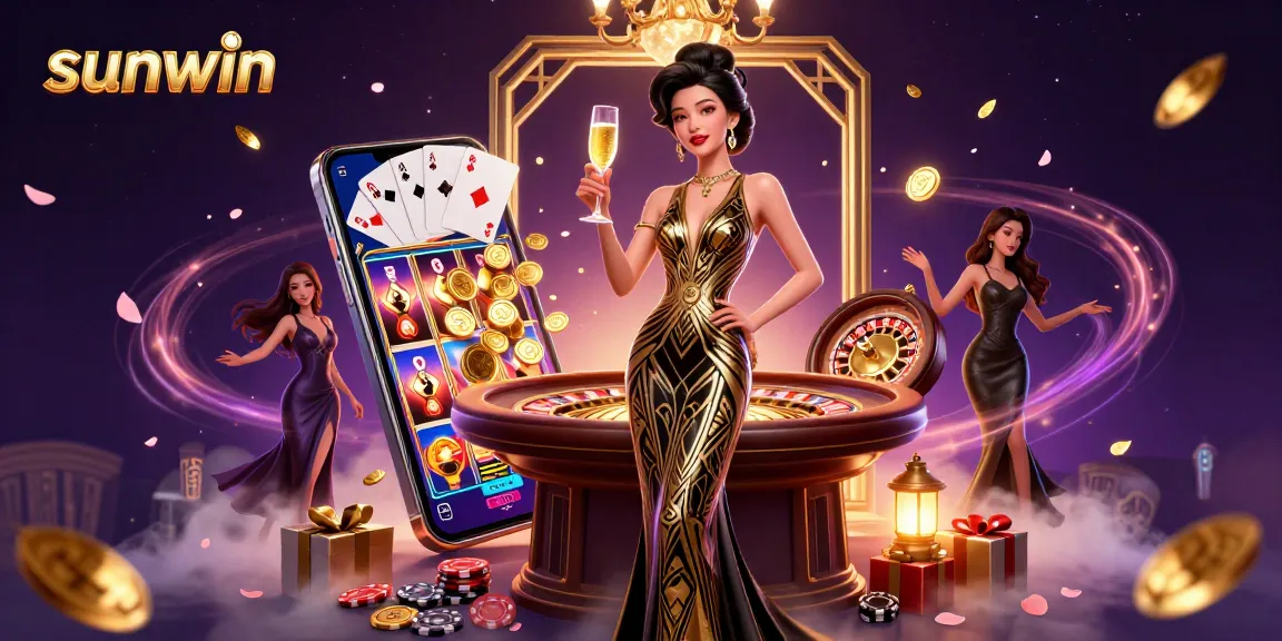 Play engaging casino games with sunwin, featuring a glamorous Asian woman in a lavish setting.
