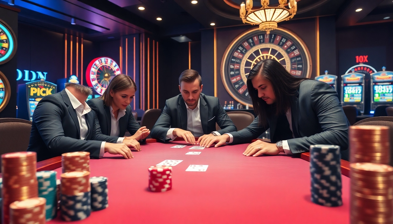 Intense poker action at MM88.COM with stylish players and vibrant casino elements.