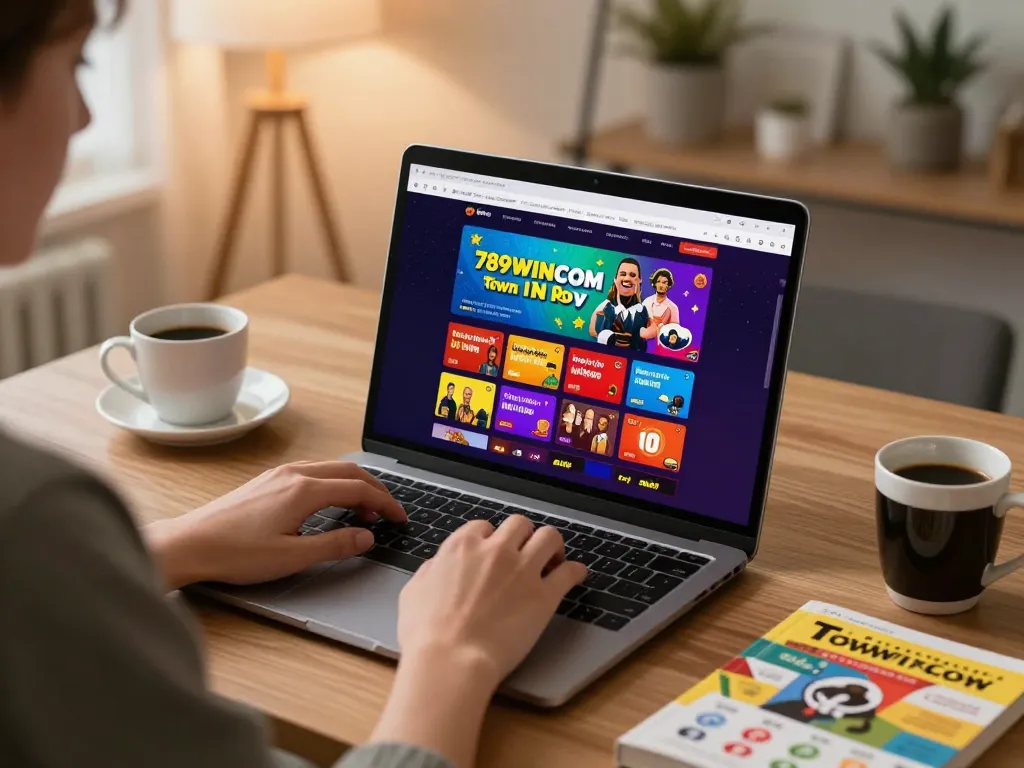 Engaging online gaming scene at 789WINCOM TOWN with user interacting on laptop.
