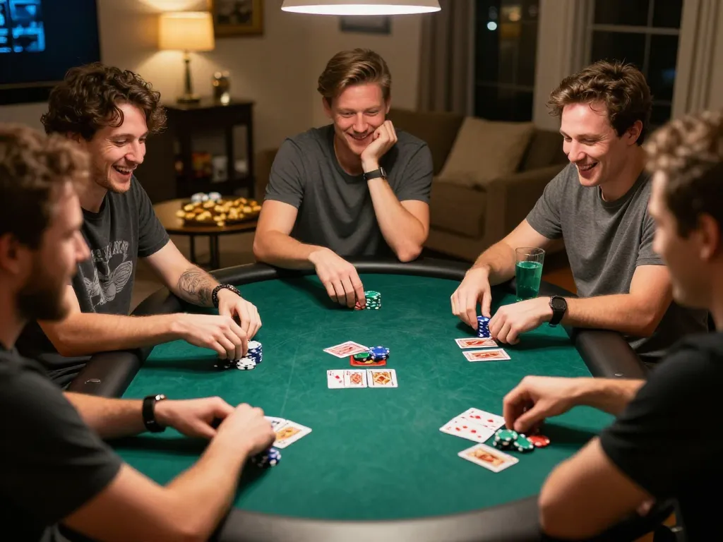 Friends enjoying a strategic poker game at home, highlighting the thrill of gambling with DH88.