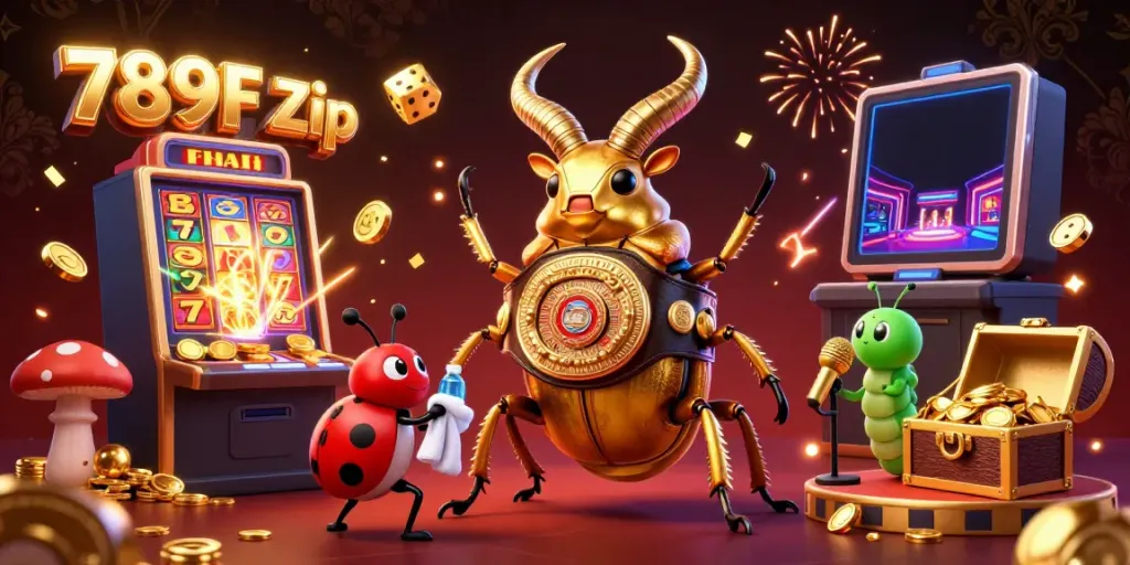 Engage with 789F Zip in a vibrant casino scene featuring a giant stag beetle boxer and colorful slot machine elements.