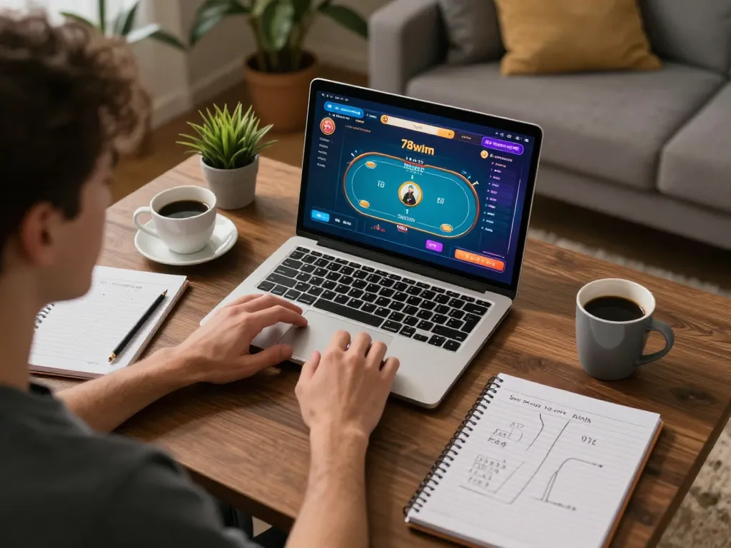 Engaged player preparing to use 78wim for strategic online gambling in a cozy home setting