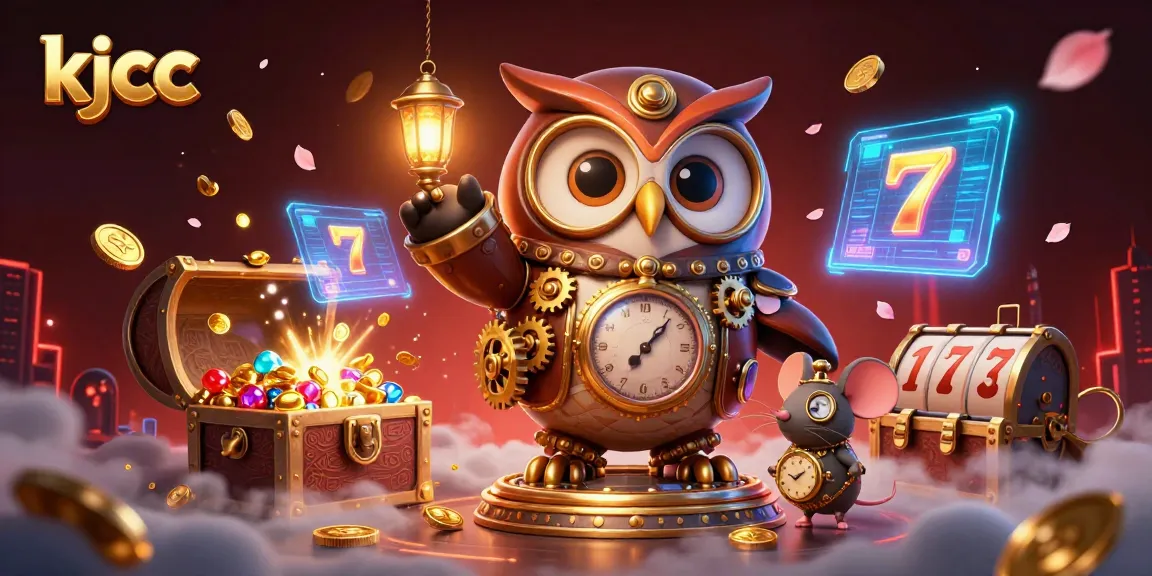 KJCC's time-traveler owl navigates a vibrant steampunk casino filled with treasures and interactive games.