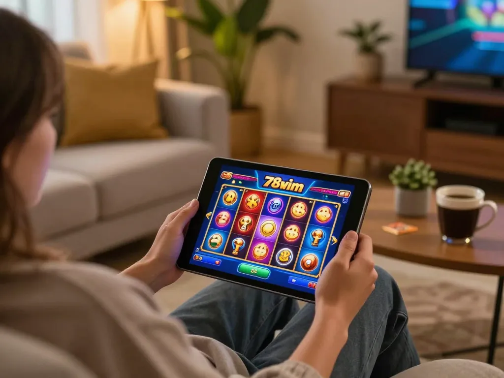 Enjoying 78wim slot games on a tablet in a cozy home setting.