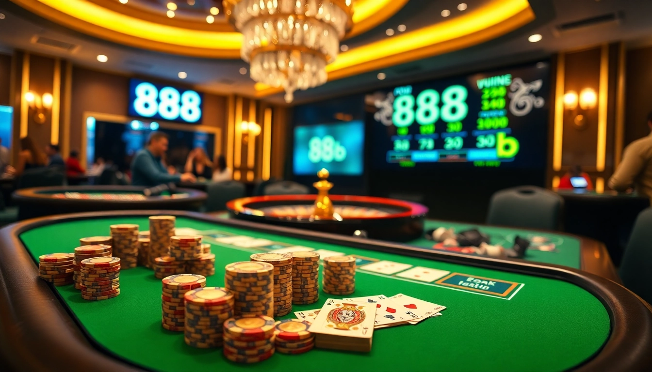 Experience excitement at 888b casino with vibrant poker chips and a spinning roulette.