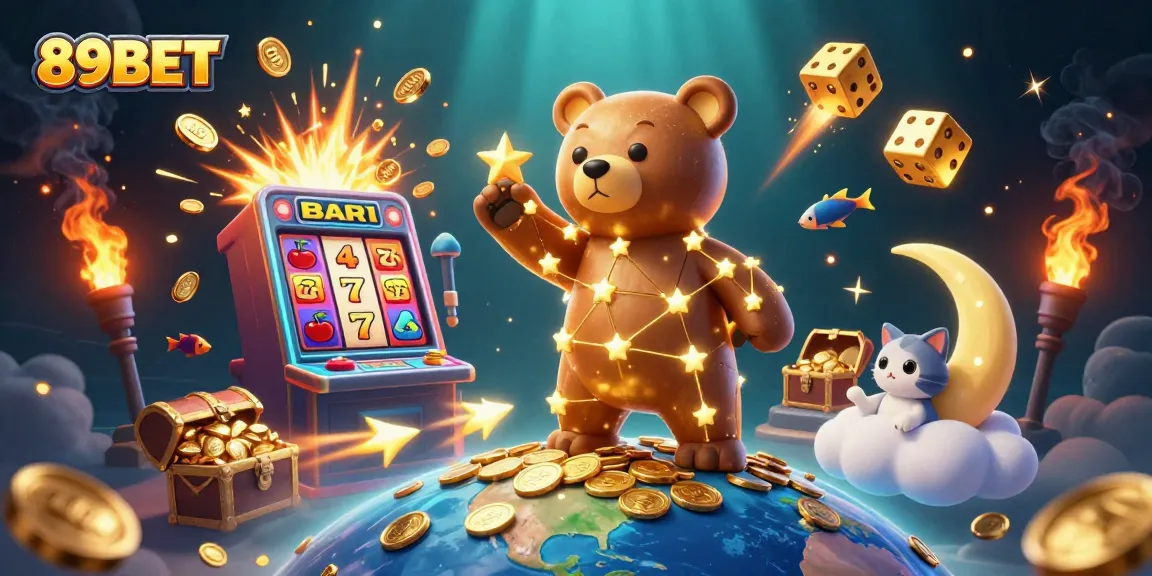 Engage with thrilling slots at 89BET, as a constellation bear scoops coins under a celestial scene