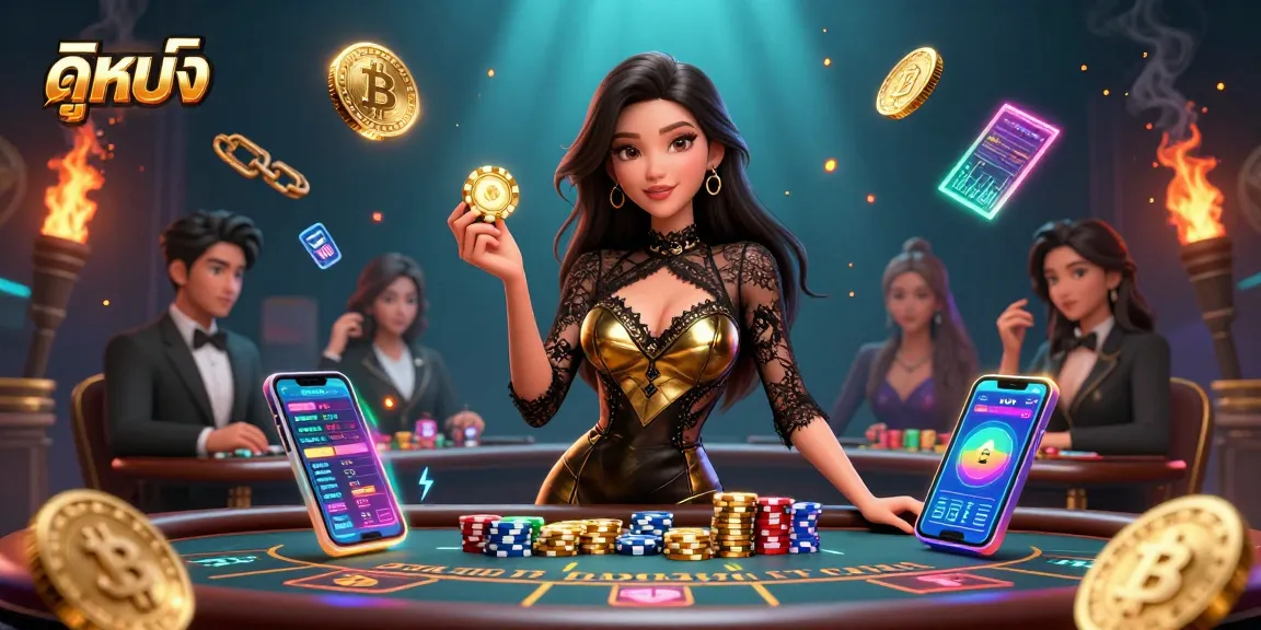 Dive into the art of ดูหนัง as a glamorous Asian woman holds golden casino chips at a VIP table, surrounded by high-stakes elements.