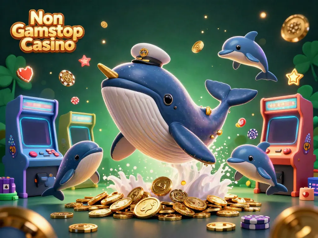 Engage with the ultra-detailed Non Gamstop Casino scene featuring a whale, narwhal, and dolphins amid gaming excitement.