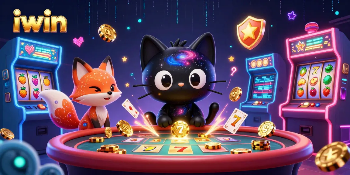 Engage with iwin's thrilling cosmic casino scene featuring a black hole cat and a nebula fox.