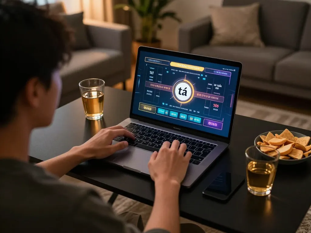Engaged player enjoying tài xỉu online on a laptop in a cozy setting, showcasing responsible gambling