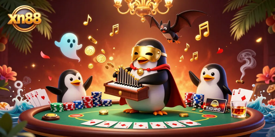 Experience thrilling moments with xn88 as a penguin plays an organ shooting gold coins in a vibrant casino.