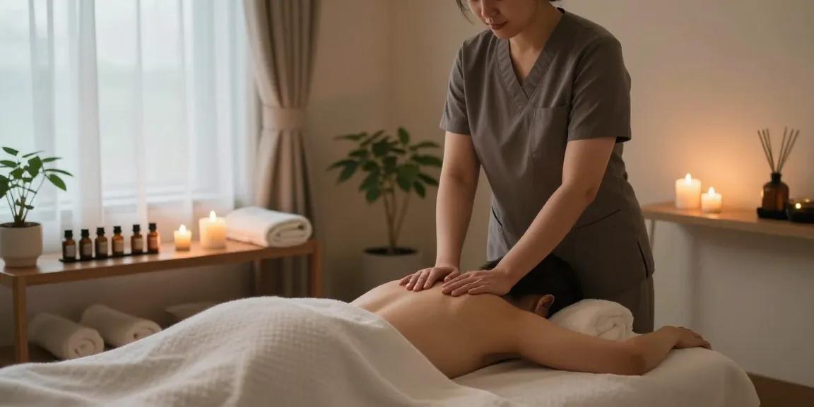 신촌출장안마 session in a serene massage room with ambient light and soothing decor.