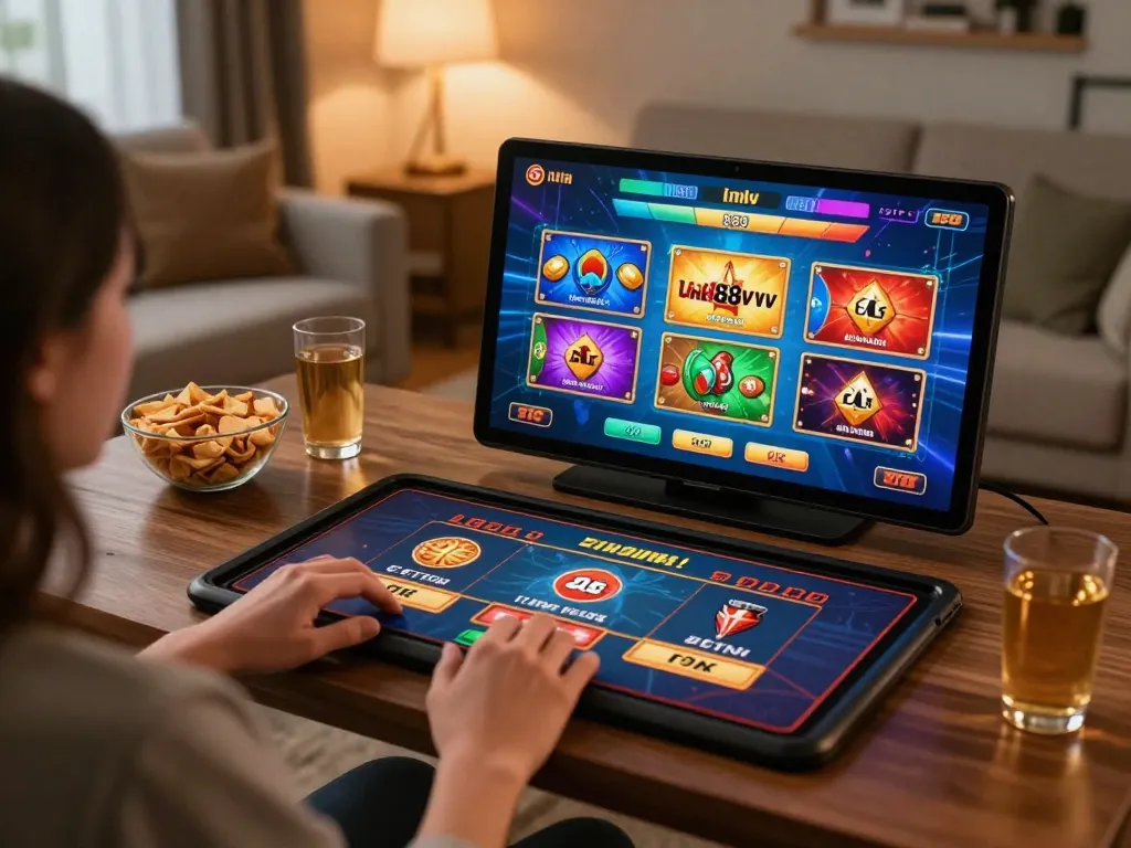 Engage in online gaming excitement with link 88vv on a tablet in a cozy home setup.