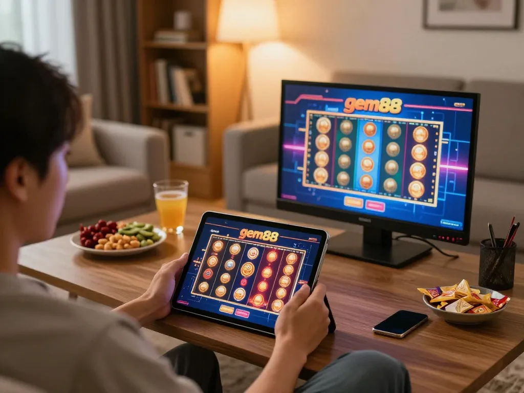 Engaging scene of a player enjoying gem88 casino games on a tablet in a cozy living room setting.