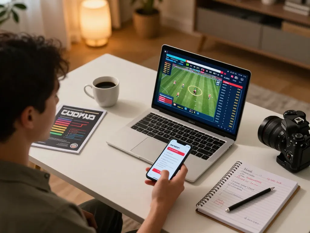 HDBET user analyzing sports betting strategies on their laptop at home, promoting responsible gaming.