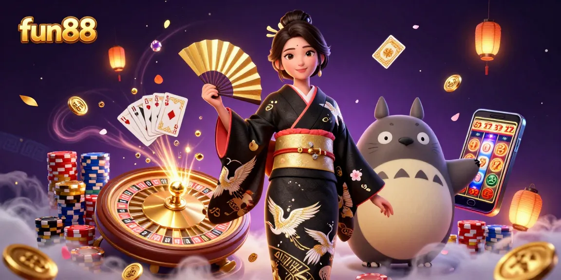 Experience excitement at fun88 with a dynamic display of casino elements and characters.