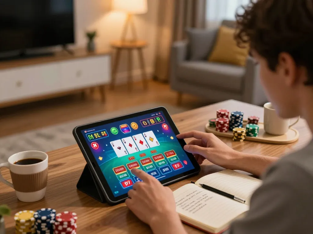 Bong88 player engaging with live dealer game on tablet, showcasing strategic gameplay in a cozy environment.
