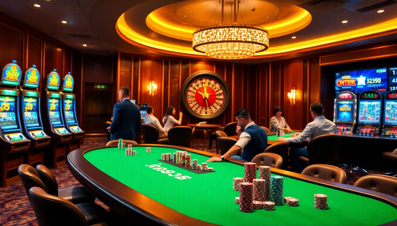 Experience high-stakes excitement in a vibrant casino scene inspired by https://luongsontv5.com/ featuring poker chips and a spinning roulette wheel.