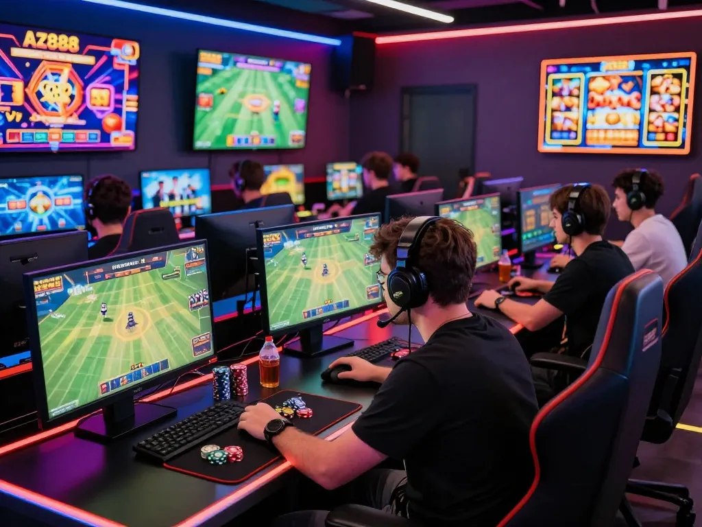 AZ888 vibrant gaming scene with players engaged in 3D poker and live sports betting, showcasing excitement and community.