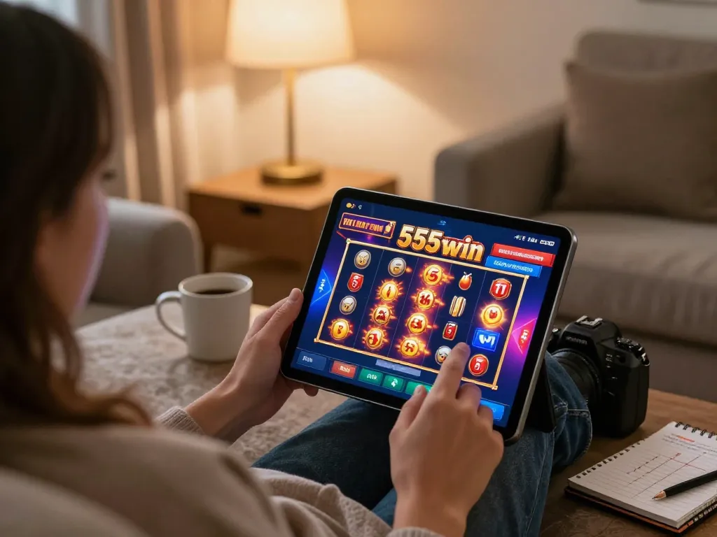 Engaging player enjoying 555win on a tablet in a cozy living room, highlighting online casino experience.