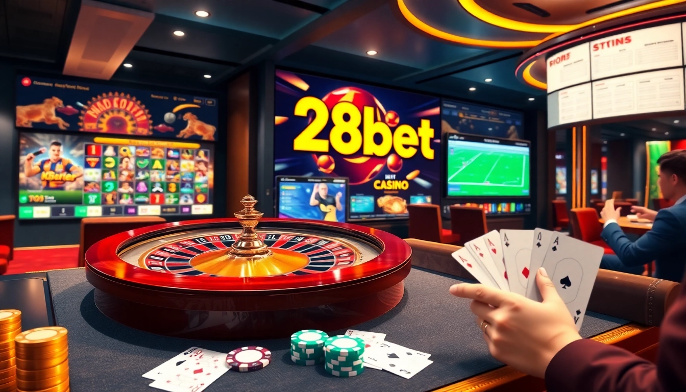 Experience the excitement of 28bet with vibrant casino visuals showcasing online gaming action.