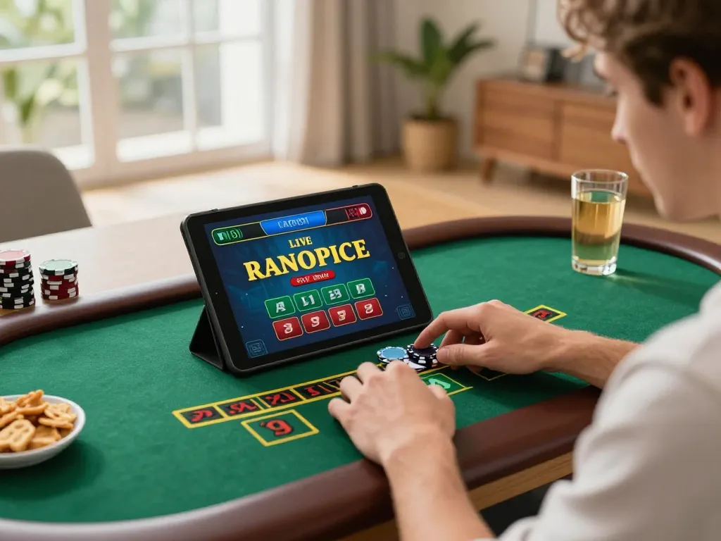 Engaging in live dealer blackjack on five88 tablet at home with snacks and warm lighting.