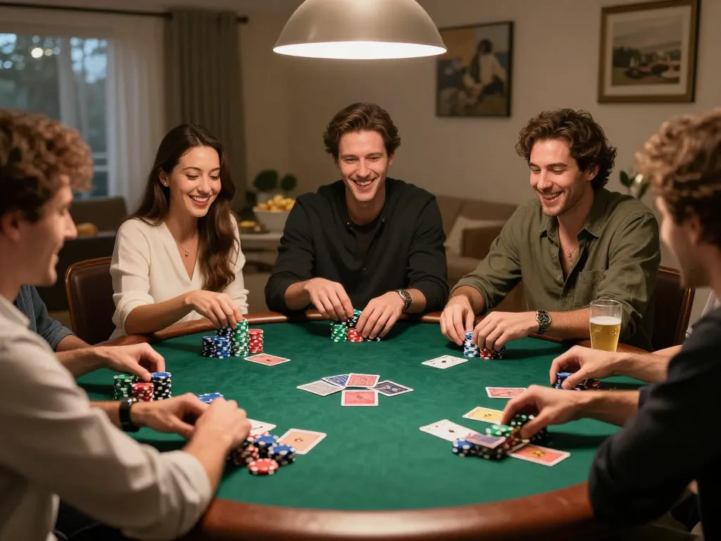 Players enjoy a spirited poker game night at home, showcasing the thrill of XX88 gaming.