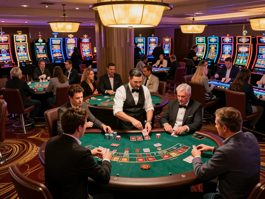 Hit club players at casino blackjack table celebrating a winning hand amidst vibrant gaming atmosphere