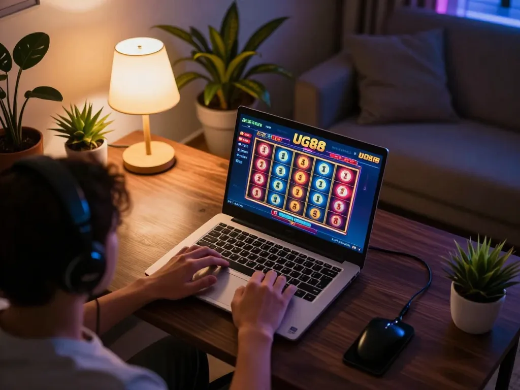 Player enjoying UG88 online slots on laptop in a cozy living room setting