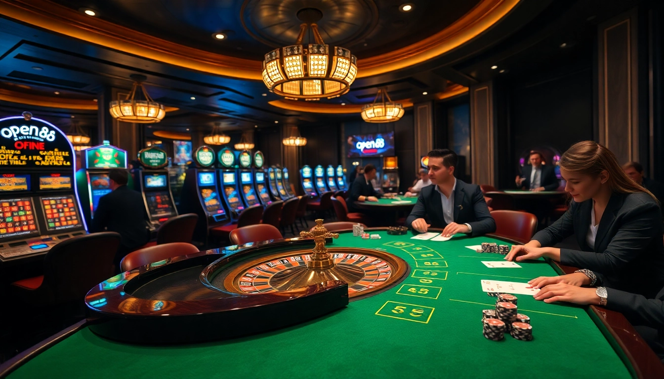 Experience the excitement of open88 with high-stakes poker and roulette in a luxurious casino setting.