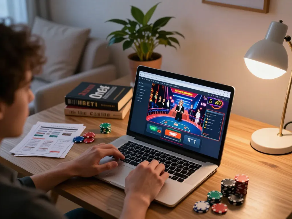 Engaging in online gambling at 11bet with live dealer gameplay visible on the laptop