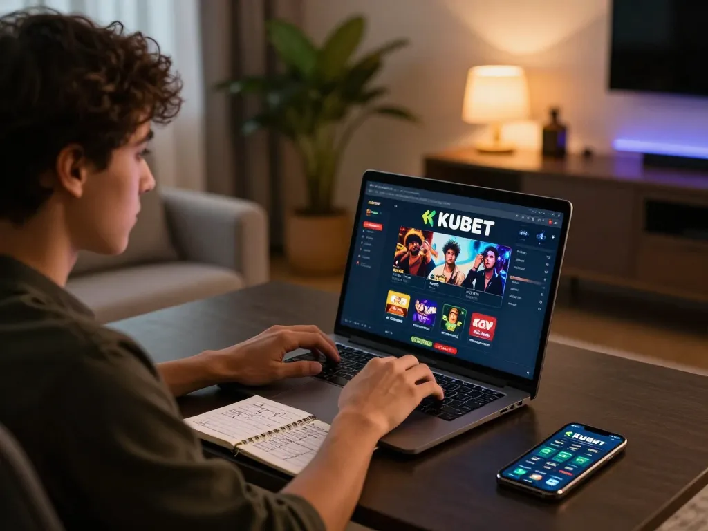 KUBET player engaging in online gaming strategy with a laptop at home setup.