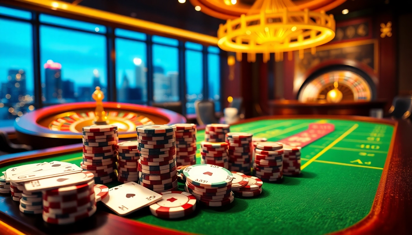 Engaging scene of professional gamblers at nhà cái jun88 casino table with vibrant chips and cards.