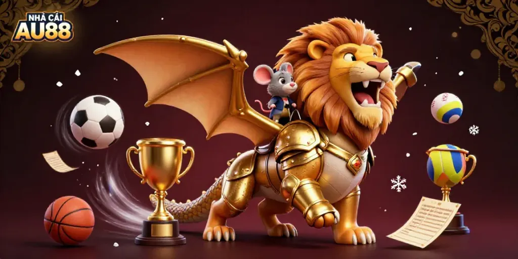 NHÀ CÁI AU88 shows dynamic gaming action, featuring a chimera creature and vibrant sports elements.
