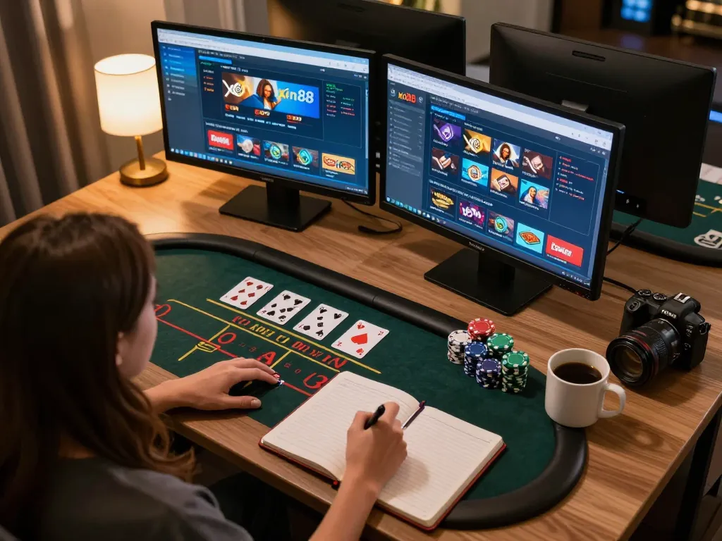 Engaging home gaming setup showing a player using xin88 casino app on dual screens with poker chips.
