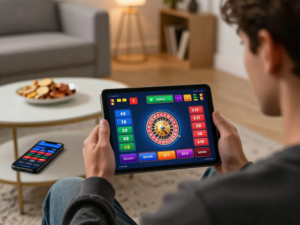 Engaging in online roulette gameplay with go89 app on tablet in a cozy home setting.